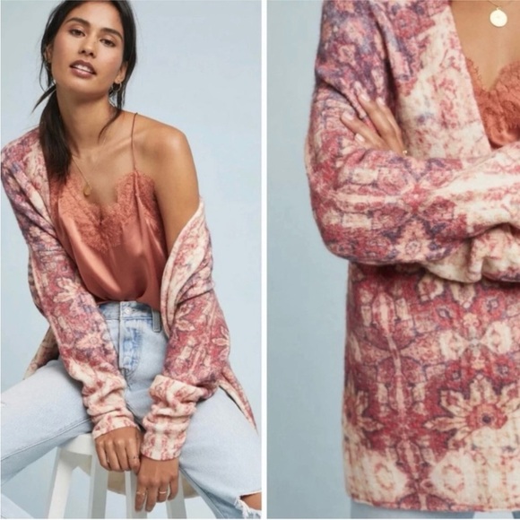 Anthropologie Akemi + Kin Natalia Floral Intarsia Pink Wool Alpaca Cardigan - Picture 1 of 10